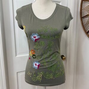 VTG Oilily Embroidered Floral T-Shirt S Cottagecore Festival Boho Y2K Gorpcore